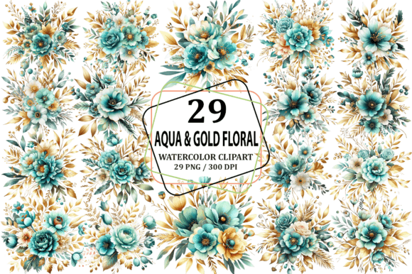 Download Aqua &amp; Gold Floral Bouquet Clipart PNG - Gold Collection